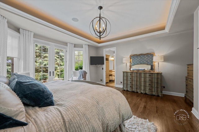 1088 Dunstan Rd, Geneva, IL 60134 - bedroom with a raised ceiling, a chandelier, access to exterior, wood finished floors, and crown molding