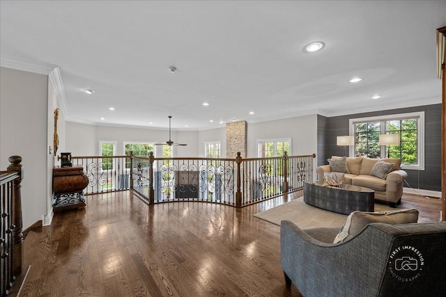 1088 Dunstan Rd, Geneva, IL 60134 - living area featuring ceiling fan, wood finished floors, recessed lighting, and ornamental molding