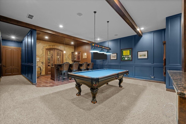 1088 Dunstan Rd, Geneva, IL 60134 - playroom with a decorative wall, carpet, pool table, recessed lighting, and beam ceiling