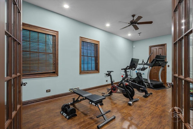 1088 Dunstan Rd, Geneva, IL 60134 - workout area featuring a ceiling fan, wood finished floors, and recessed lighting