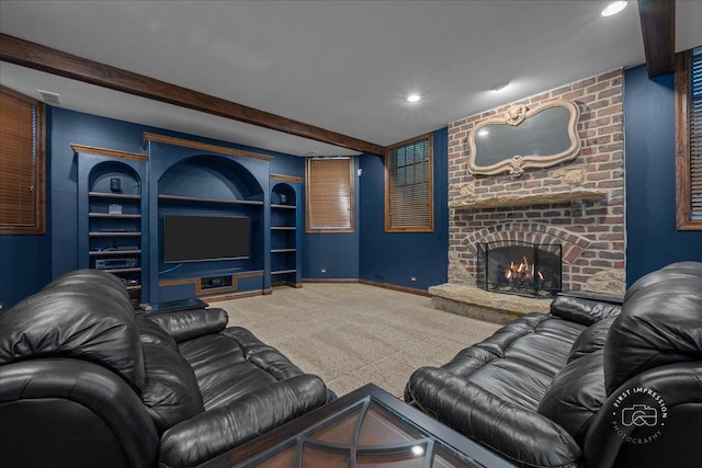 1088 Dunstan Rd, Geneva, IL 60134 - living area with carpet floors, beamed ceiling, recessed lighting, built in shelves, and a fireplace