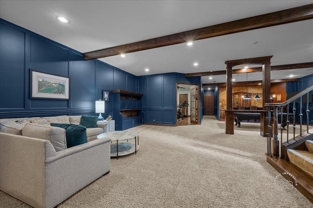 1088 Dunstan Rd, Geneva, IL 60134 - living room with a decorative wall, carpet, stairway, beam ceiling, and recessed lighting