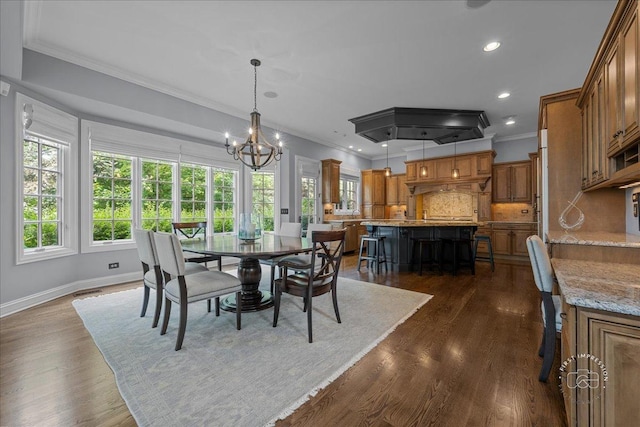 1088 Dunstan Rd, Geneva, IL 60134 - dining room with ornamental molding, a chandelier, recessed lighting, and dark wood-style floors