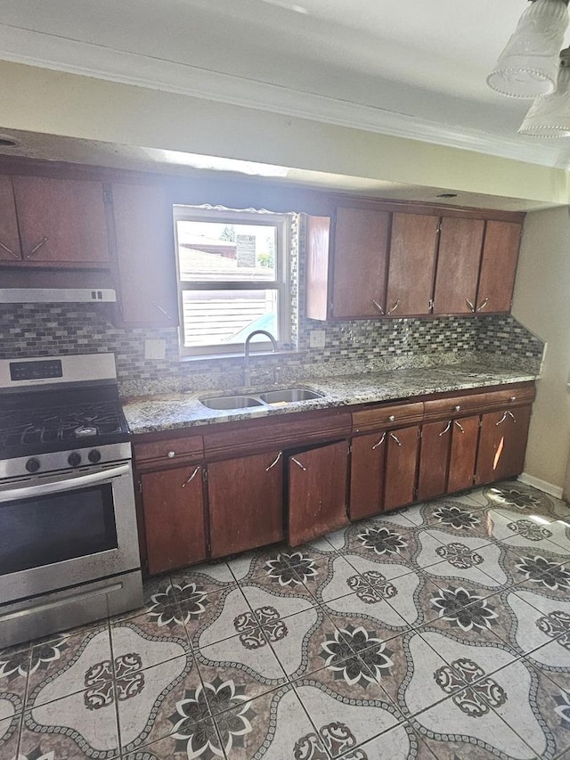 15210 Evers St, Dolton, IL 60419 - kitchen featuring a sink, stainless steel gas range oven, crown molding, tasteful backsplash, and range hood