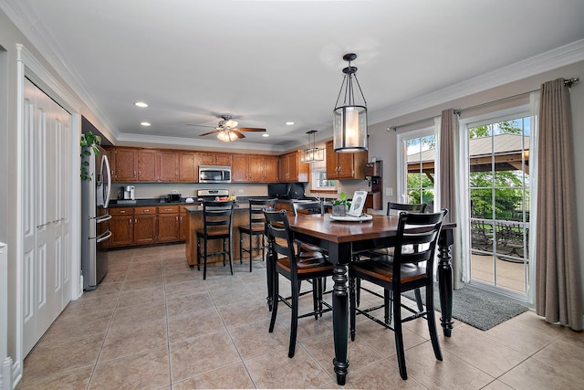 24450 Shawnee Ln, Manhattan, IL 60442 - dining area with ornamental molding, recessed lighting, light tile patterned floors, and ceiling fan
