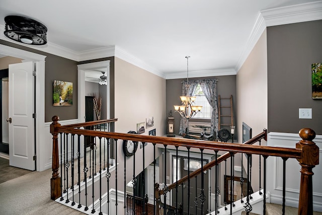 24450 Shawnee Ln, Manhattan, IL 60442 - corridor featuring an upstairs landing, a chandelier, carpet flooring, and ornamental molding