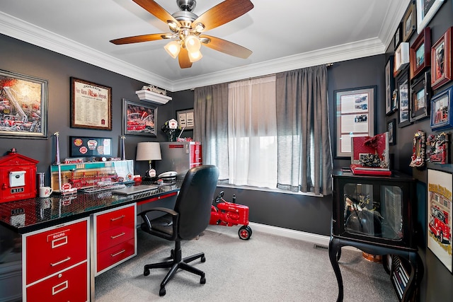 24450 Shawnee Ln, Manhattan, IL 60442 - office space featuring ceiling fan, carpet flooring, ornamental molding, and built in desk