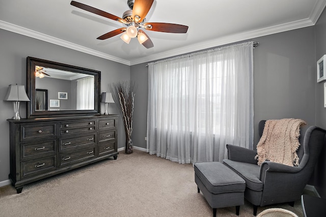24450 Shawnee Ln, Manhattan, IL 60442 - living area featuring ceiling fan, ornamental molding, and light colored carpet