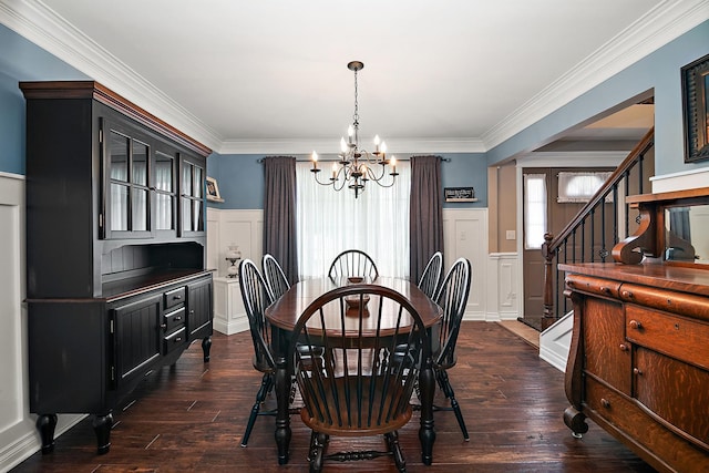 24450 Shawnee Ln, Manhattan, IL 60442 - dining area with a chandelier, a decorative wall, ornamental molding, wainscoting, and stairs