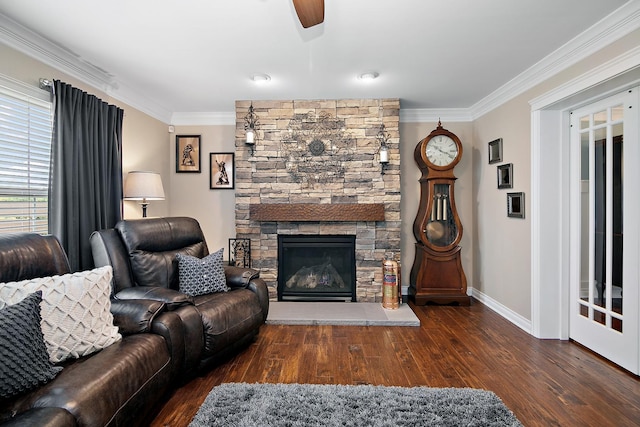 24450 Shawnee Ln, Manhattan, IL 60442 - living area featuring ornamental molding, wood finished floors, a fireplace, and a ceiling fan