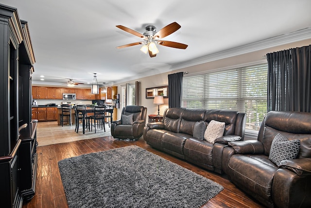 24450 Shawnee Ln, Manhattan, IL 60442 - living area with ceiling fan, crown molding, and wood-type flooring