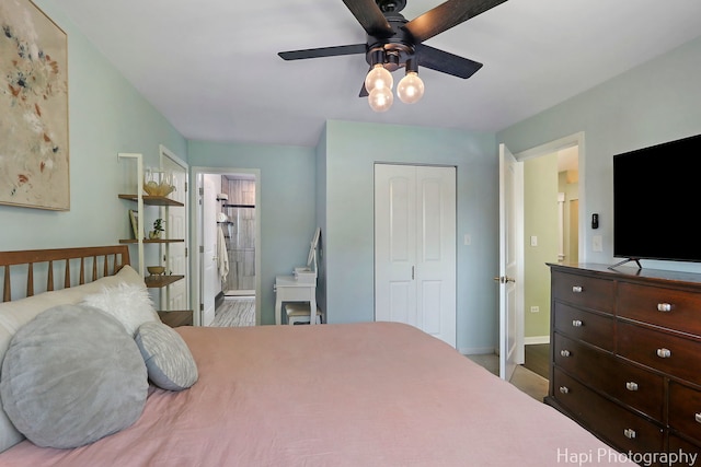 4008 W Lillian St, Mchenry, IL 60050 - bedroom featuring wood finished floors, a closet, ensuite bath, and a ceiling fan