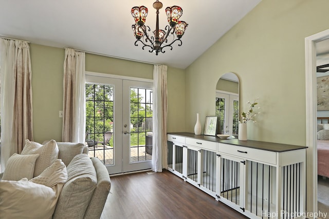 4008 W Lillian St, Mchenry, IL 60050 - living area featuring french doors, dark wood finished floors, vaulted ceiling, and a chandelier