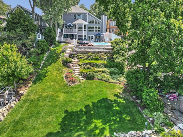 6N142 Riverside Dr, Saint Charles, IL 60175 - view of grassy yard with stairway and a wooden deck