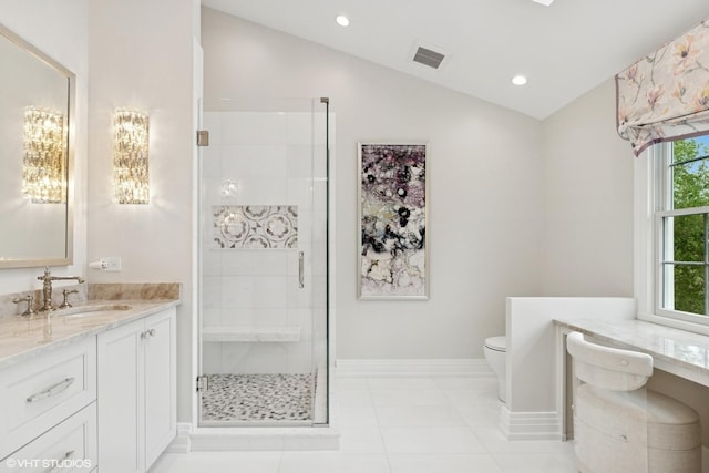 37 Harborside Way, Hawthorn Woods, IL 60047 - bathroom featuring vanity, vaulted ceiling, a stall shower, tile patterned flooring, and recessed lighting