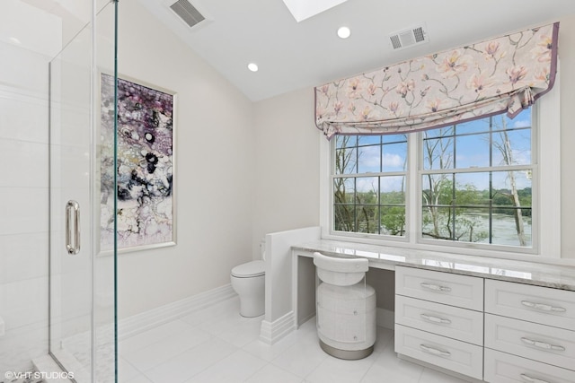 37 Harborside Way, Hawthorn Woods, IL 60047 - full bath featuring a stall shower, lofted ceiling, a skylight, tile patterned floors, and recessed lighting
