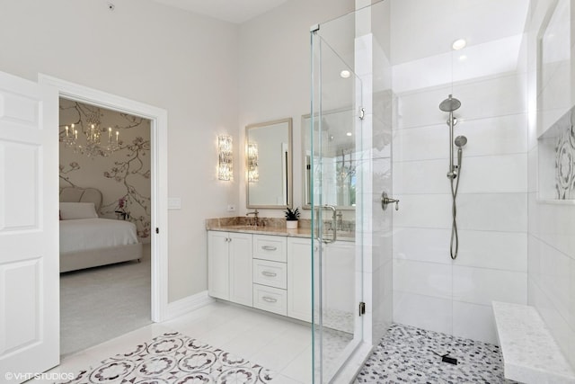 37 Harborside Way, Hawthorn Woods, IL 60047 - ensuite bathroom featuring vanity, a tile shower, a chandelier, and tile patterned floors