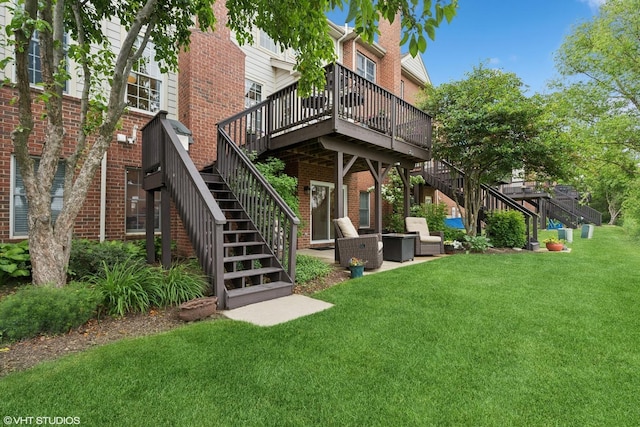 37 Harborside Way, Hawthorn Woods, IL 60047 - back of house featuring stairs, brick siding, a wooden deck, and a yard