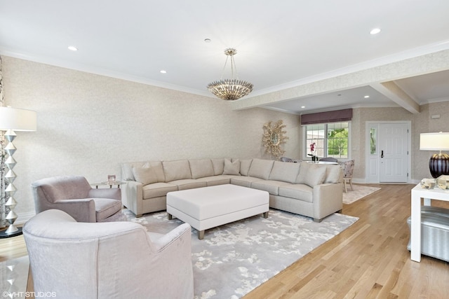 37 Harborside Way, Hawthorn Woods, IL 60047 - living room with wood finished floors, crown molding, recessed lighting, a chandelier, and wallpapered walls