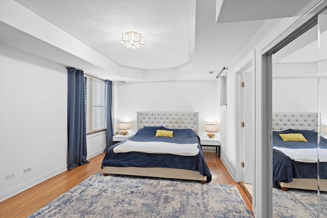 444 W Belmont Ave Unit 3A, Chicago, IL 60657 - bedroom featuring wood finished floors, a tray ceiling, and baseboards