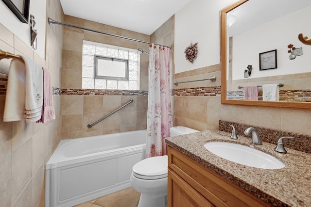 10021 Cook Ave, Oak Lawn, IL 60453 - full bathroom featuring tile walls, vanity, shower / tub combo with curtain, and tile patterned floors