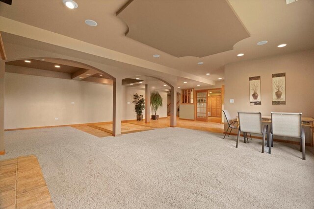13613 Arborview Blvd, Plainfield, IL 60585 - basement featuring recessed lighting, arched walkways, and carpet floors