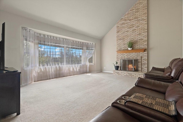 13613 Arborview Blvd, Plainfield, IL 60585 - living room with carpet flooring, high vaulted ceiling, and a brick fireplace