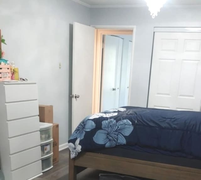 348 Niagara St, Park Forest, IL 60466 - bedroom with dark wood-style floors, crown molding, and a closet