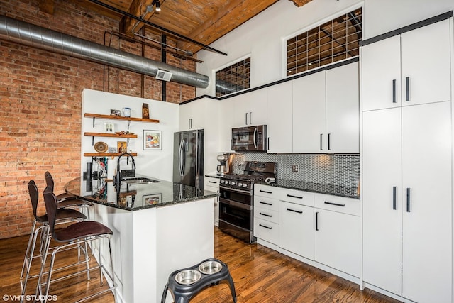1243 S Wabash Ave Unit 302, Chicago, IL 60605 - kitchen featuring appliances with stainless steel finishes, a sink, a high ceiling, open shelves, and dark wood-style floors