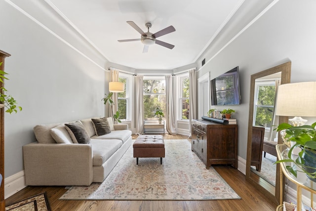 1128 W Wolfram St Unit 2, Chicago, IL 60657 - living room featuring plenty of natural light, a ceiling fan, wood finished floors, and crown molding