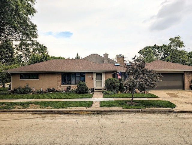 301 N Redfield Ct, Park Ridge, IL 60068 - single story home with a chimney, driveway, brick siding, an attached garage, and a front yard