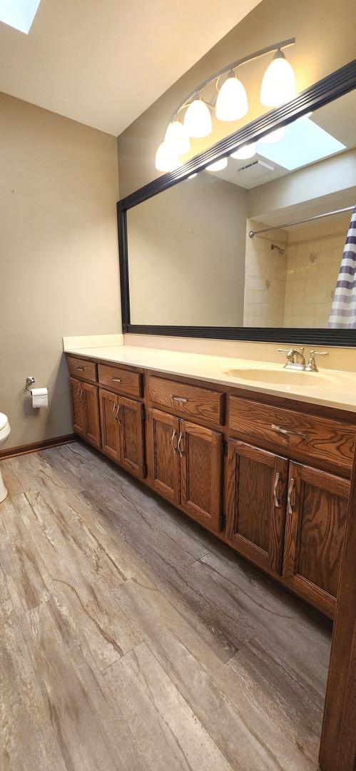 18068 Jason Ln, Lansing, IL 60438 - bathroom with wood finished floors, vanity, a skylight, and a shower with shower curtain