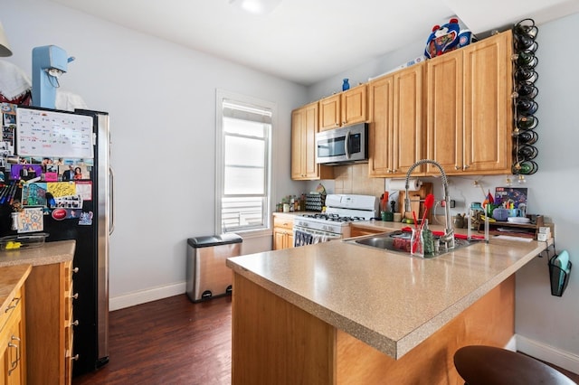 3137 N Monticello Ave, Chicago, IL 60618 - kitchen featuring appliances with stainless steel finishes, a sink, baseboards, dark wood finished floors, and a peninsula