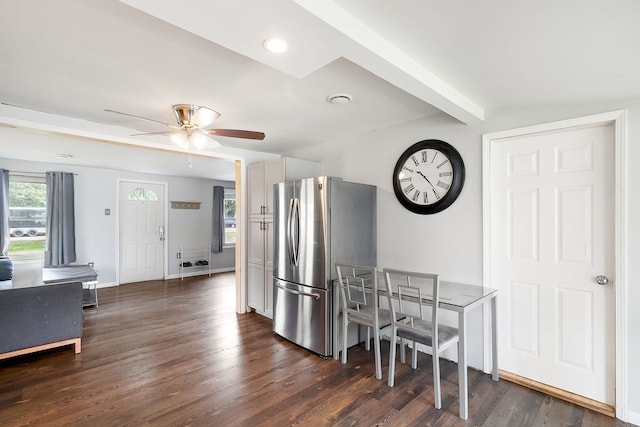 2303 Sweetbriar Ave, Crest Hill, IL 60403 - kitchen featuring freestanding refrigerator, ceiling fan, dark wood-style floors, baseboards, and recessed lighting