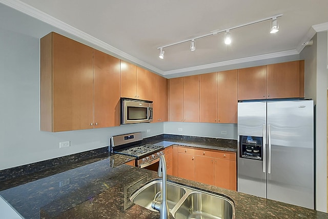 451 W Huron St Unit 905, Chicago, IL 60654 - kitchen with stainless steel appliances, crown molding, dark stone countertops, a sink, and track lighting