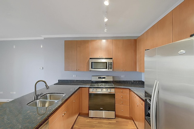 451 W Huron St Unit 905, Chicago, IL 60654 - kitchen with stainless steel appliances, a sink, dark stone countertops, a peninsula, and light wood-type flooring
