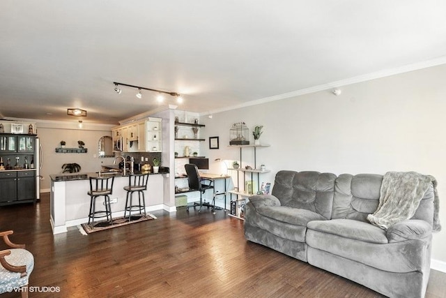 2 E Erie St Unit 2114, Chicago, IL 60611 - living room with an office area, crown molding, dark wood-type flooring, and rail lighting