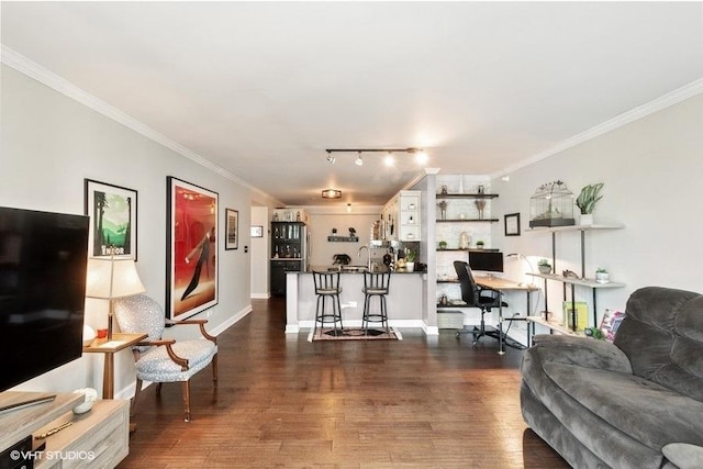 2 E Erie St Unit 2114, Chicago, IL 60611 - living room with track lighting, crown molding, an office area, dark wood-style floors, and baseboards