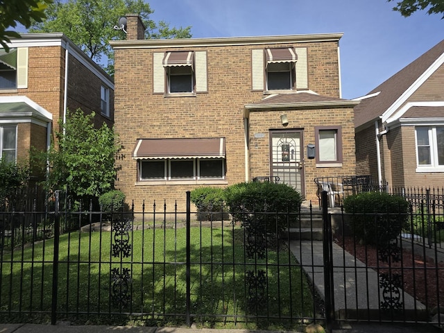 8518 S Seeley Ave, Chicago, IL 60620 - view of front facade featuring brick siding, a chimney, and a fenced front yard