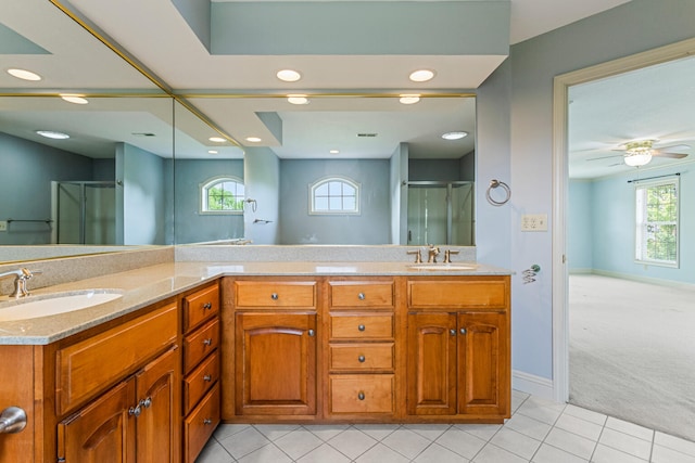 3208 Countrybend Ln, Champaign, IL 61822 - full bath featuring a stall shower, double vanity, plenty of natural light, and recessed lighting