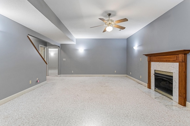 3208 Countrybend Ln, Champaign, IL 61822 - unfurnished living room with a ceiling fan and a fireplace