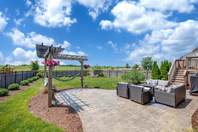 662 Kentshire Dr, Yorkville, IL 60560 - fenced backyard with outdoor lounge area, stairway, a patio, and a pergola