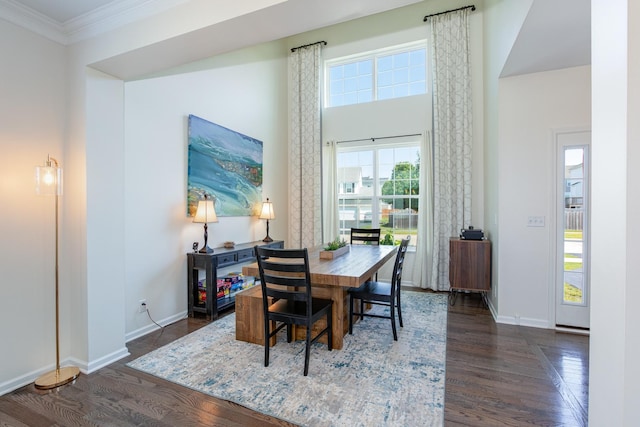 662 Kentshire Dr, Yorkville, IL 60560 - dining space with dark wood-style flooring, ornamental molding, and a towering ceiling