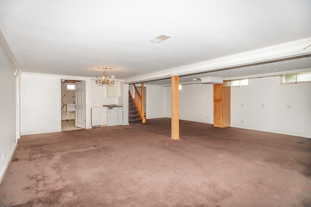 2519 Sunnyside Ave, Westchester, IL 60154 - basement featuring stairway, a chandelier, and carpet flooring