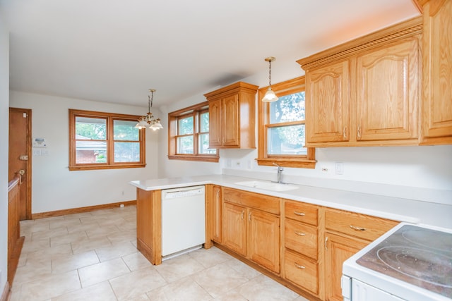 2519 Sunnyside Ave, Westchester, IL 60154 - kitchen with white appliances, a peninsula, pendant lighting, and light countertops