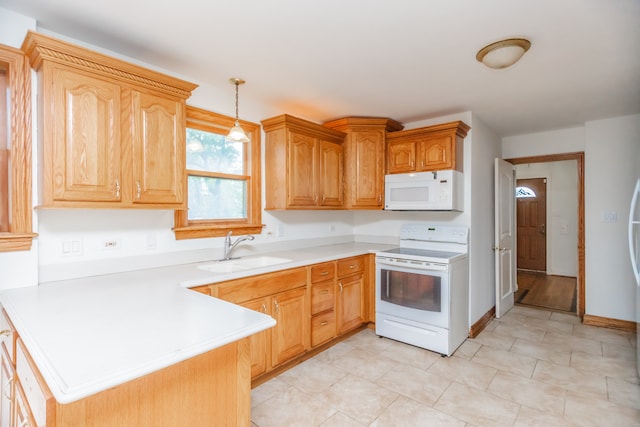 2519 Sunnyside Ave, Westchester, IL 60154 - kitchen featuring white appliances, a peninsula, light countertops, and decorative light fixtures
