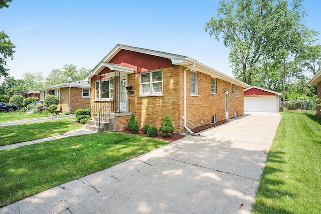 2454 184th St, Lansing, IL 60438 - view of front of house with brick siding, a front yard, an outbuilding, and a detached garage