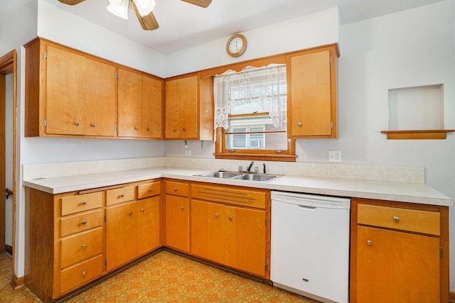 2454 184th St, Lansing, IL 60438 - kitchen with white dishwasher, a sink, ceiling fan, and light countertops