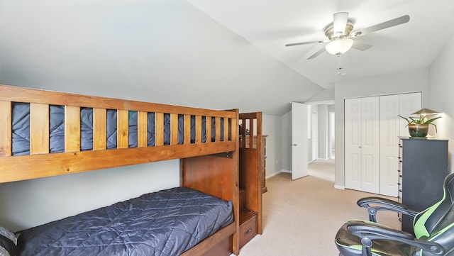 5321 Meadowbrook St, Plainfield, IL 60586 - bedroom featuring light carpet, vaulted ceiling, a closet, and a ceiling fan