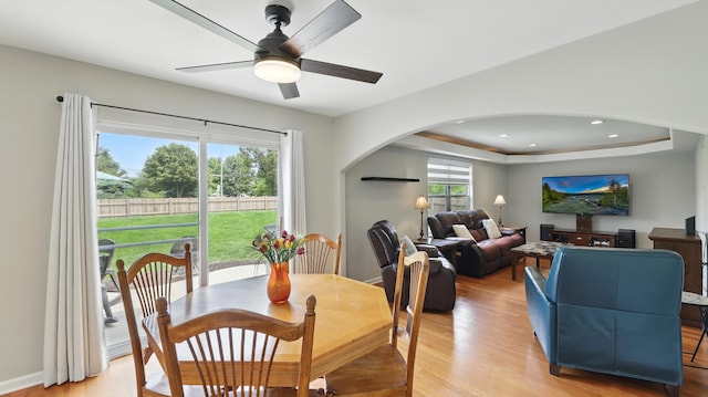 5321 Meadowbrook St, Plainfield, IL 60586 - dining area with arched walkways, a ceiling fan, light wood-style flooring, and recessed lighting